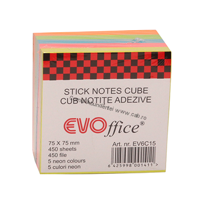Notes autoadeziv cub color 75*75 mm, 450 file, 5 culori neon EVOffice