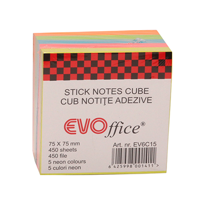Notes autoadeziv cub color 75*75 mm, 400 file, 5 culori neon EVOffice